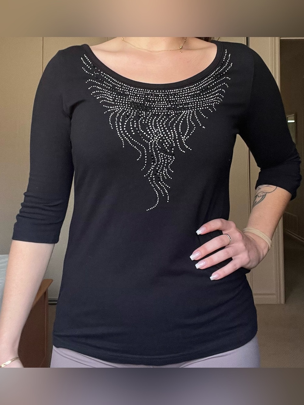 Point Zero Black Scoop Neck Long Sleeve Top with Rhinestone Detail